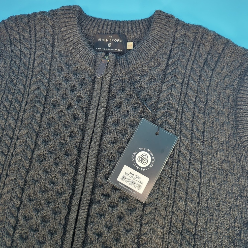 The Irish Store Aran Gillet Merino Wool Zip Sweater Vest Charcoal Grey VM189-201